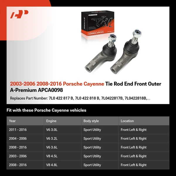 2003-2006 2008-2016 Porsche Cayenne Tie Rod End Front Outer A-Premium APCA0098