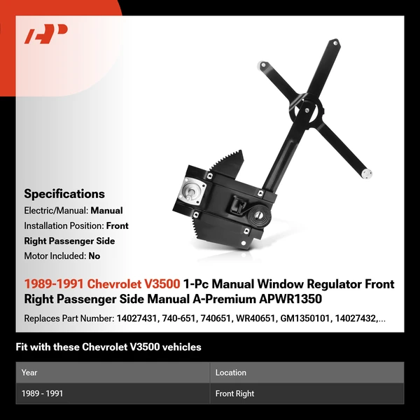 1989-1991 Chevrolet V3500 1-Pc Manual Window Regulator Front Right Passenger Side Manual A-Premium APWR1350