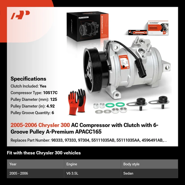 2005-2006 Chrysler 300 AC Compressor with Clutch with 6-Groove Pulley A-Premium APACC165