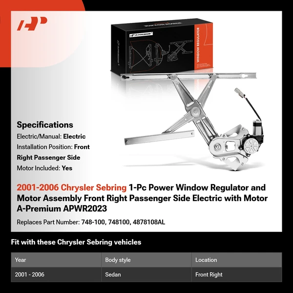 2001-2006 Chrysler Sebring 1-Pc Power Window Regulator and Motor Assembly Front Right Passenger Side Electric with Motor A-Premium APWR2023