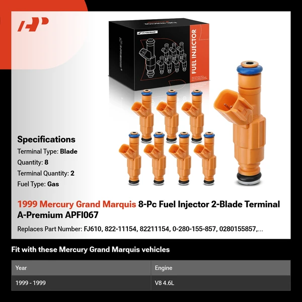 1999 Mercury Grand Marquis 8-Pc Fuel Injector 2-Blade Terminal A-Premium APFI067