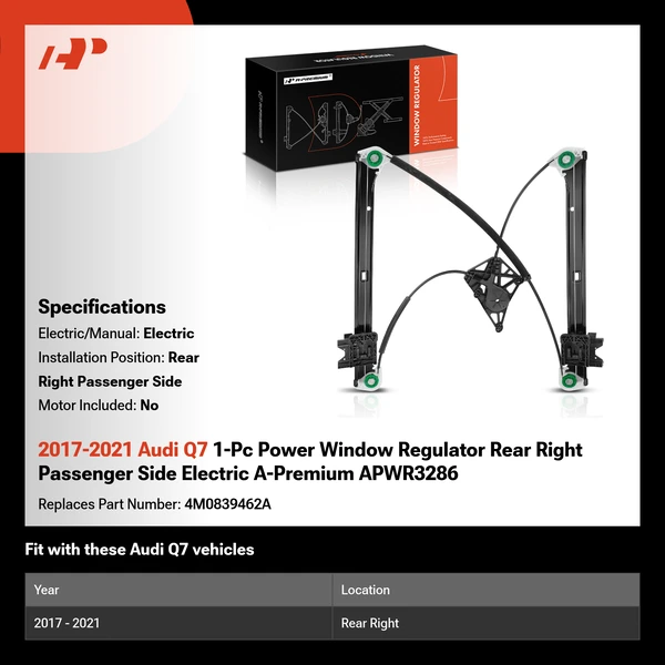 2017-2021 Audi Q7 1-Pc Power Window Regulator Rear Right Passenger Side Electric A-Premium APWR3286