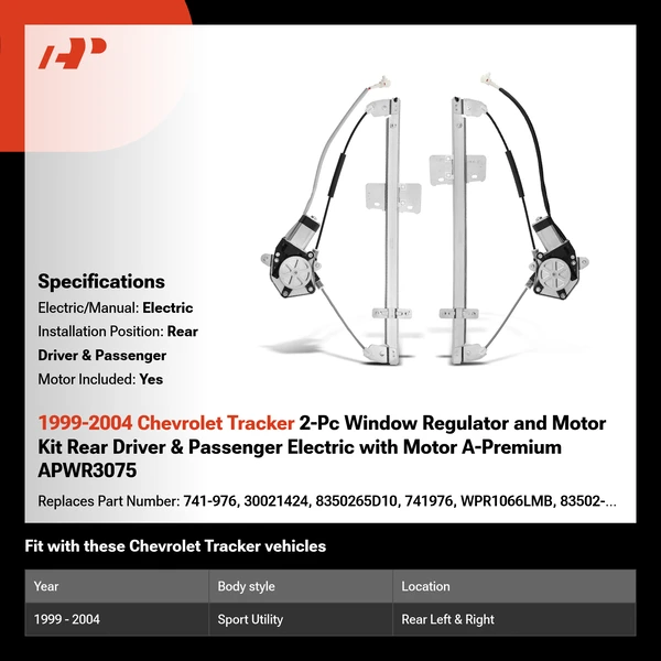 1999-2004 Chevrolet Tracker 2-Pc Window Regulator and Motor Kit Rear Driver & Passenger Electric with Motor A-Premium APWR3075