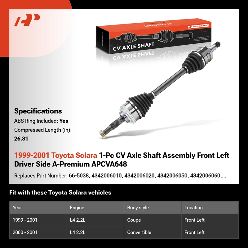 1999-2001 Toyota Solara 1-Pc CV Axle Shaft Assembly Front Left Driver Side A-Premium APCVA648