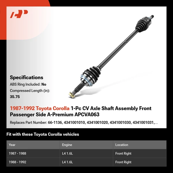 1987-1992 Toyota Corolla 1-Pc CV Axle Shaft Assembly Front Passenger Side A-Premium APCVA063
