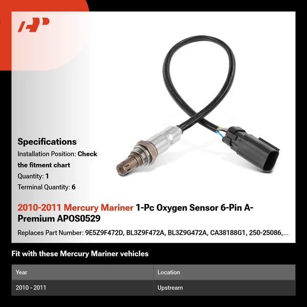 2010-2011 Mercury Mariner 1-Pc Oxygen Sensor 6-Pin A-Premium APOS0529