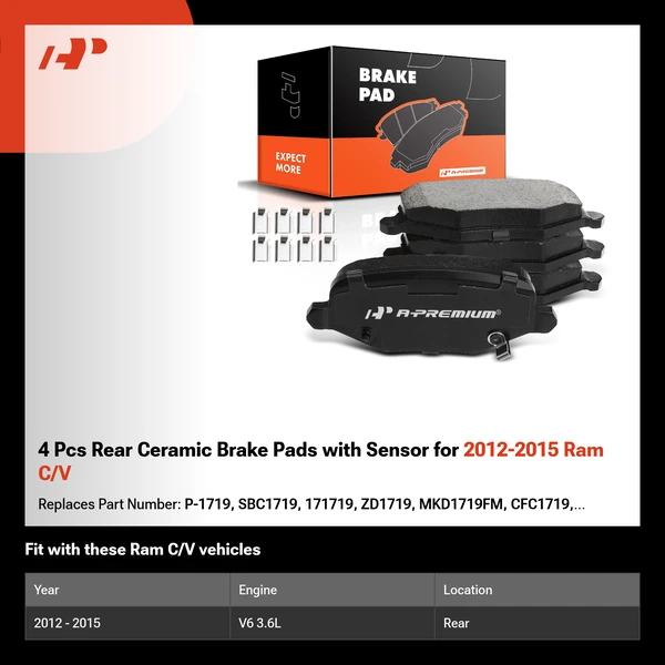 4 Pcs Rear Ceramic Brake Pads with Sensor for 2012-2015 Ram C/V