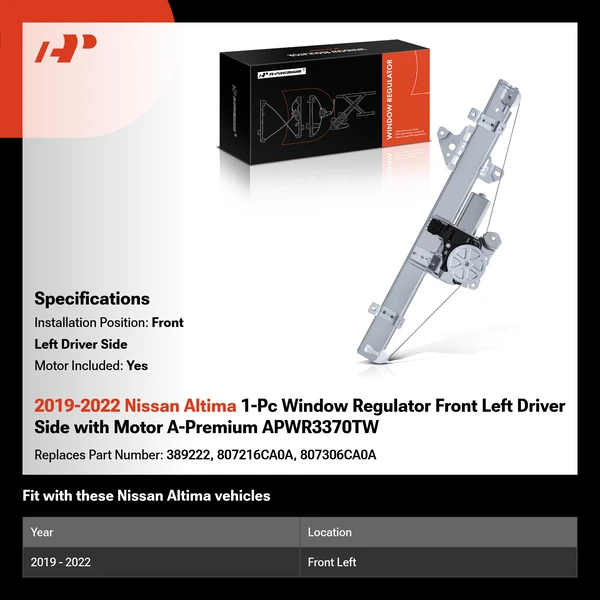 2019-2022 Nissan Altima 1-Pc Window Regulator Front Left Driver Side with Motor A-Premium APWR3370TW