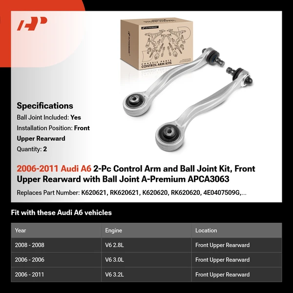 2006-2011 Audi A6 2-Pc Control Arm and Ball Joint Kit, Front Upper Rearward with Ball Joint A-Premium APCA3063