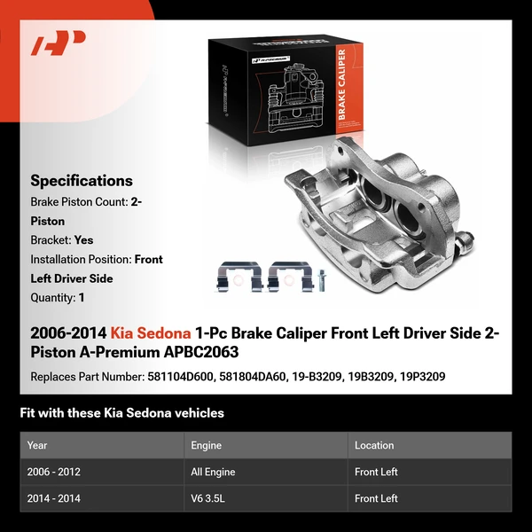 2006-2014 Kia Sedona 1-Pc Brake Caliper Front Left Driver Side 2-Piston A-Premium APBC2063