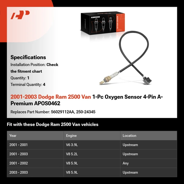 2001-2003 Dodge Ram 2500 Van 1-Pc Oxygen Sensor 4-Pin A-Premium APOS0462
