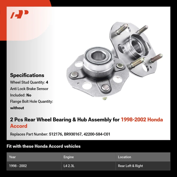 2 Pcs Rear Wheel Bearing & Hub Assembly for 1998-2002 Honda Accord