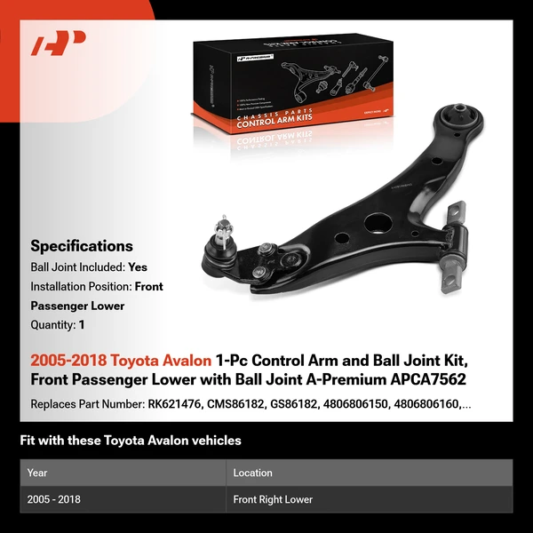 2005-2018 Toyota Avalon 1-Pc Control Arm and Ball Joint Kit, Front Passenger Lower with Ball Joint A-Premium APCA7562