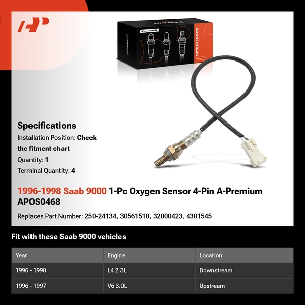1996-1998 Saab 9000 1-Pc Oxygen Sensor 4-Pin A-Premium APOS0468