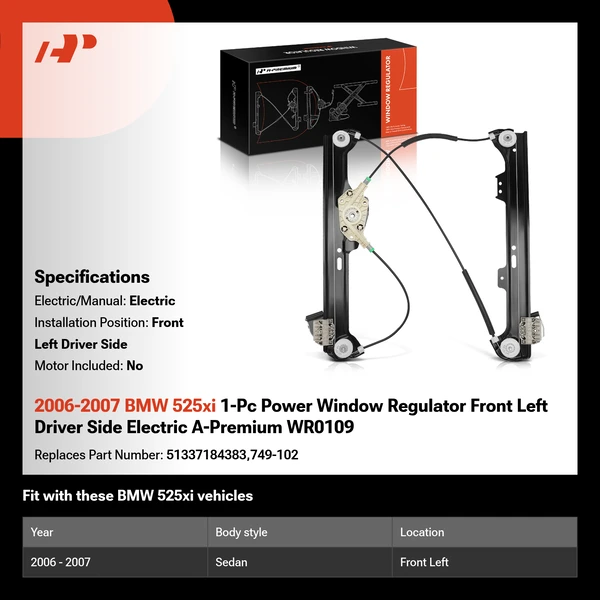 2006-2007 BMW 525xi 1-Pc Power Window Regulator Front Left Driver Side Electric A-Premium WR0109