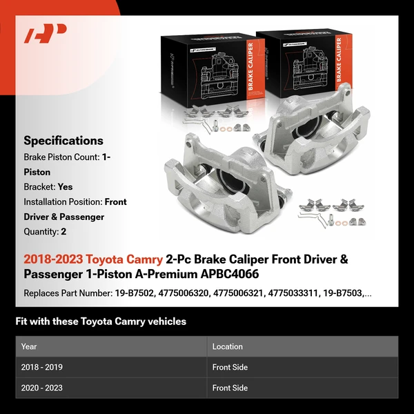 2018-2023 Toyota Camry 2-Pc Brake Caliper Front Driver & Passenger 1-Piston A-Premium APBC4066