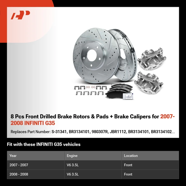 8 Pcs Front Drilled Brake Rotors & Pads + Brake Calipers for 2007-2008 INFINITI G35