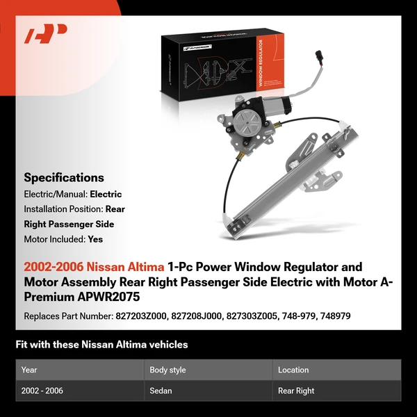 2002-2006 Nissan Altima 1-Pc Power Window Regulator and Motor Assembly Rear Right Passenger Side Electric with Motor A-Premium APWR2075