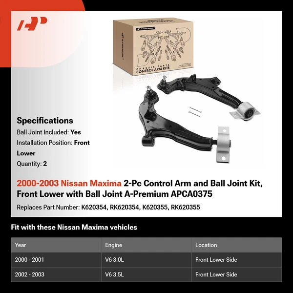 2000-2003 Nissan Maxima 2-Pc Control Arm and Ball Joint Kit, Front Lower with Ball Joint A-Premium APCA0375