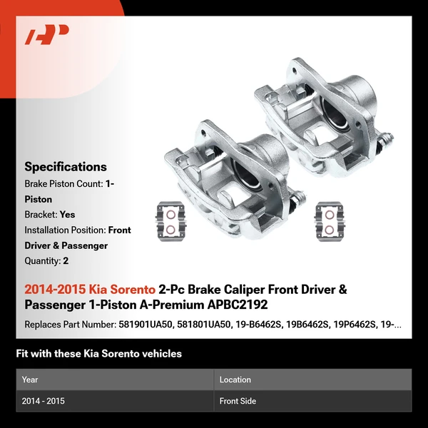 2014-2015 Kia Sorento 2-Pc Brake Caliper Front Driver & Passenger 1-Piston A-Premium APBC2192