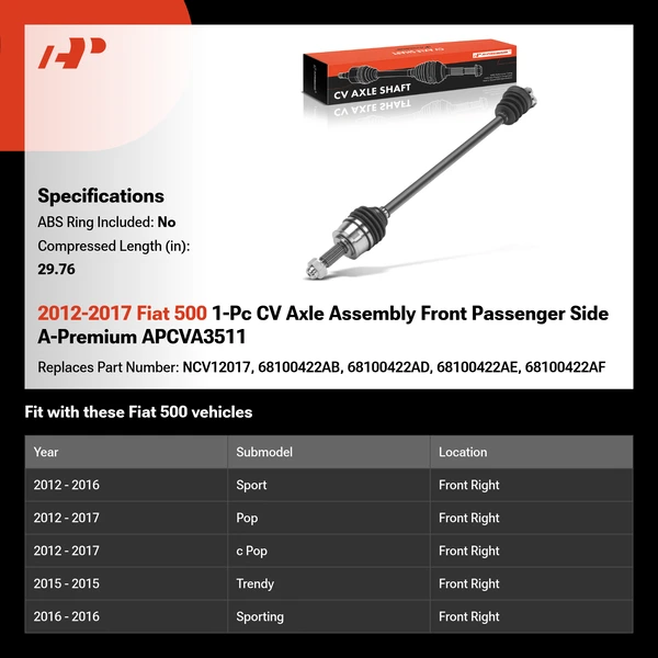 2012-2017 Fiat 500 1-Pc CV Axle Assembly Front Passenger Side A-Premium APCVA3511