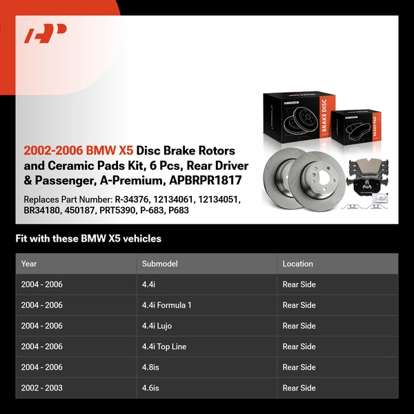 2002-2006 BMW X5 Disc Brake Rotors and Ceramic Pads Kit, 6 Pcs, Rear Driver & Passenger, A-Premium, APBRPR1817