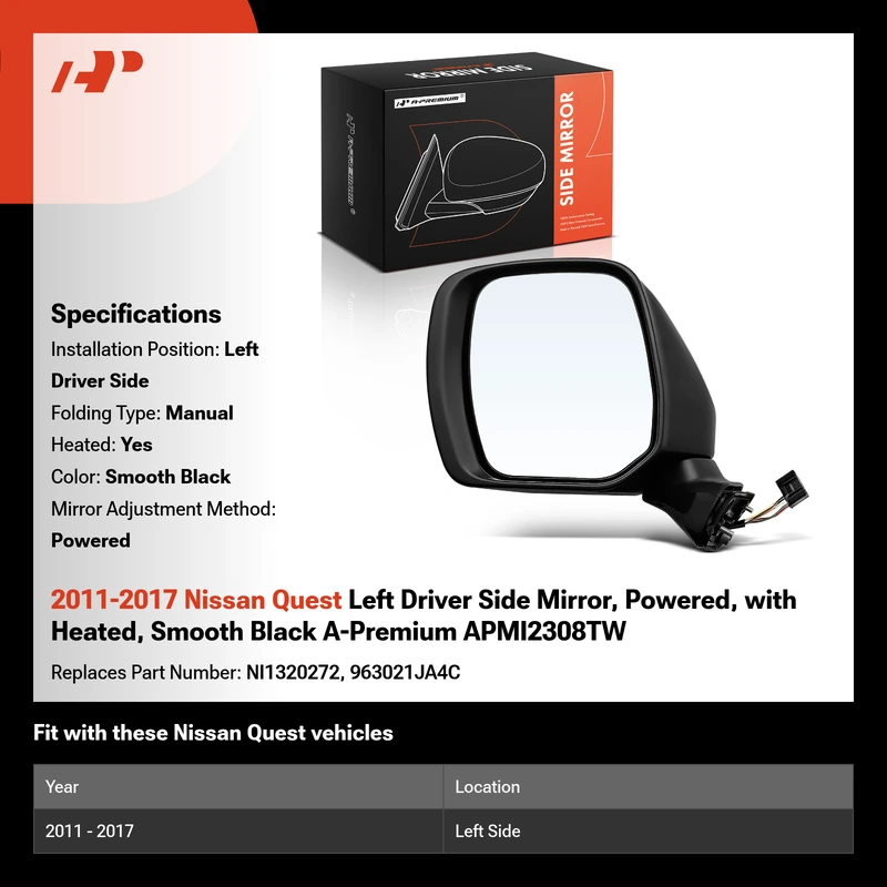 2011-2017 Nissan Quest Left Driver Side Mirror, Powered, with Heated, Smooth Black A-Premium APMI2308TW