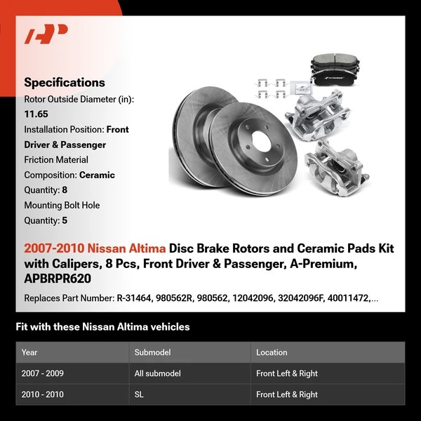 2007-2010 Nissan Altima Disc Brake Rotors and Ceramic Pads Kit with Calipers, 8 Pcs, Front Driver & Passenger, A-Premium, APBRPR620