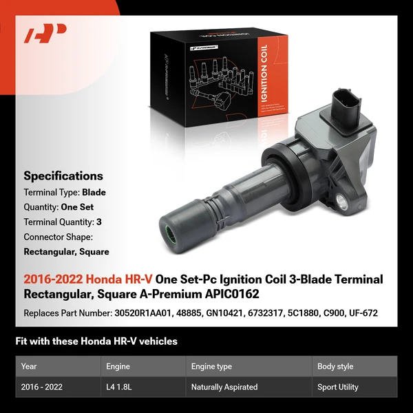 2016-2022 Honda HR-V One Set-Pc Ignition Coil 3-Blade Terminal Rectangular, Square A-Premium APIC0162