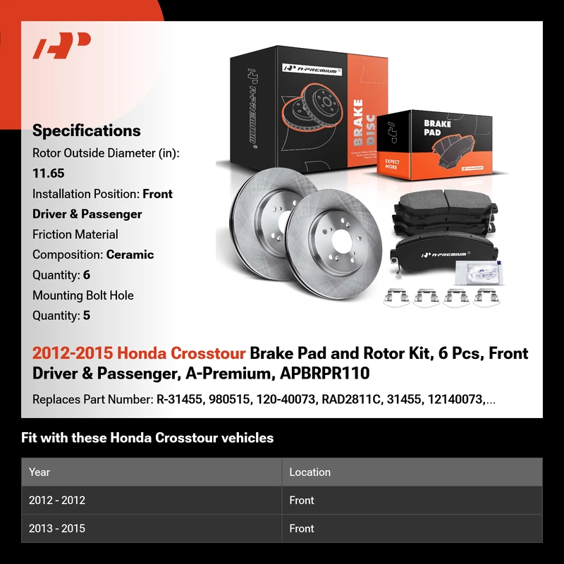 2012-2015 Honda Crosstour Brake Pad and Rotor Kit, 6 Pcs, Front Driver & Passenger, A-Premium, APBRPR110