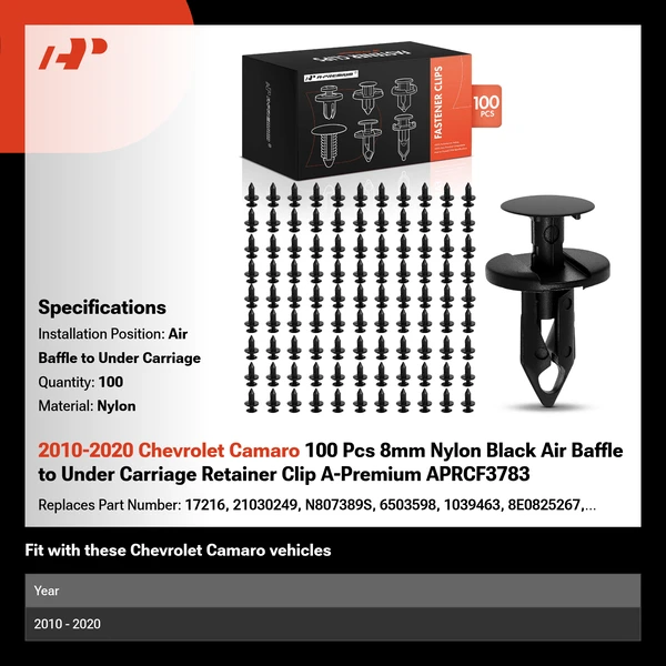 2010-2020 Chevrolet Camaro 100 Pcs 8mm Nylon Black Air Baffle to Under Carriage Retainer Clip A-Premium APRCF3783