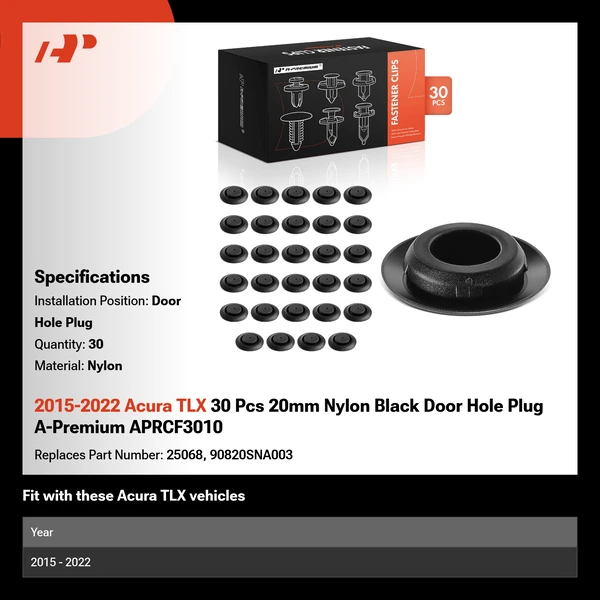 2015-2022 Acura TLX 30 Pcs 20mm Nylon Black Door Hole Plug A-Premium APRCF3010
