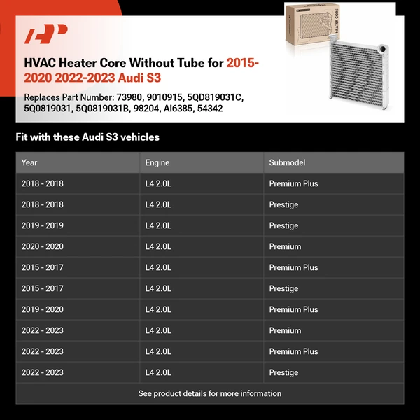 HVAC Heater Core Without Tube for 2015-2020 2022-2023 Audi S3