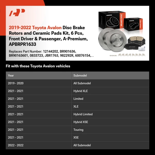 2019-2022 Toyota Avalon Disc Brake Rotors and Ceramic Pads Kit, 6 Pcs, Front Driver & Passenger, A-Premium, APBRPR1633