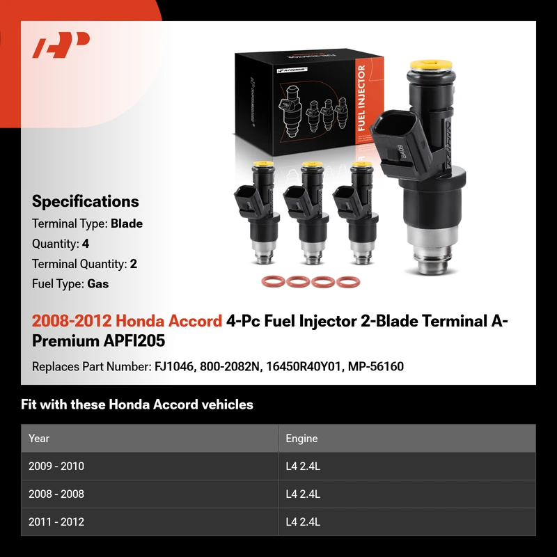 2008-2012 Honda Accord 4-Pc Fuel Injector 2-Blade Terminal A-Premium APFI205