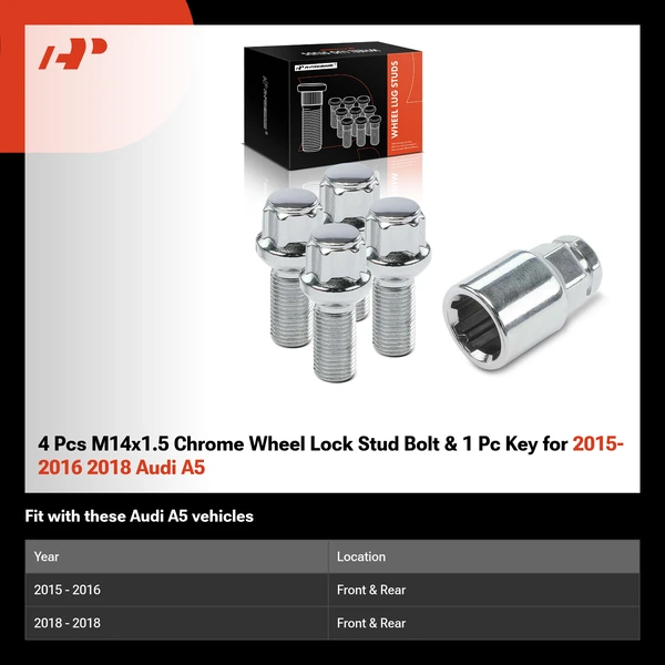 4 Pcs M14x1.5 Chrome Wheel Lock Stud Bolt & 1 Pc Key for 2015-2016 2018 Audi A5