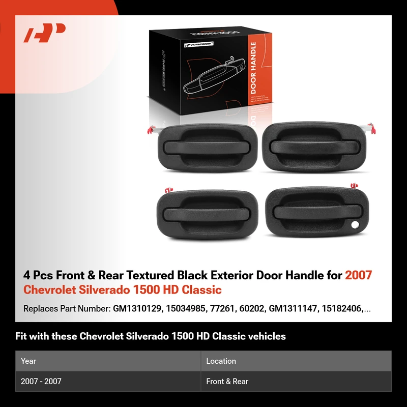 4 Pcs Front & Rear Textured Black Exterior Door Handle for 2007 Chevrolet Silverado 1500 HD Classic