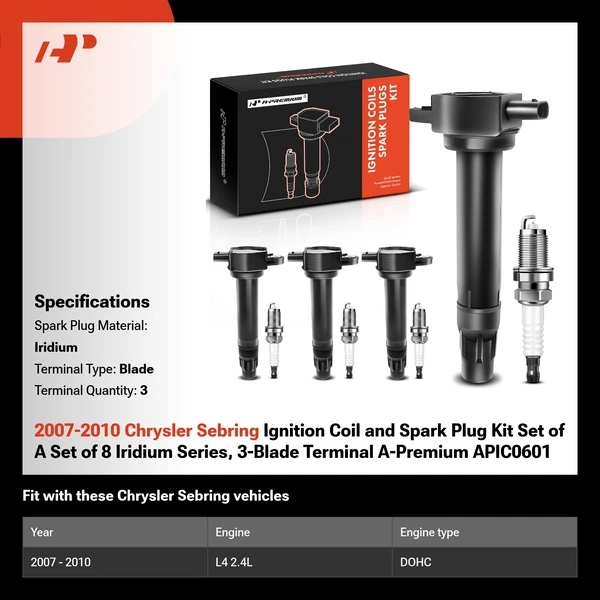 2007-2010 Chrysler Sebring Ignition Coil and Spark Plug Kit Set of A Set of 8 Iridium Series, 3-Blade Terminal A-Premium APIC0601