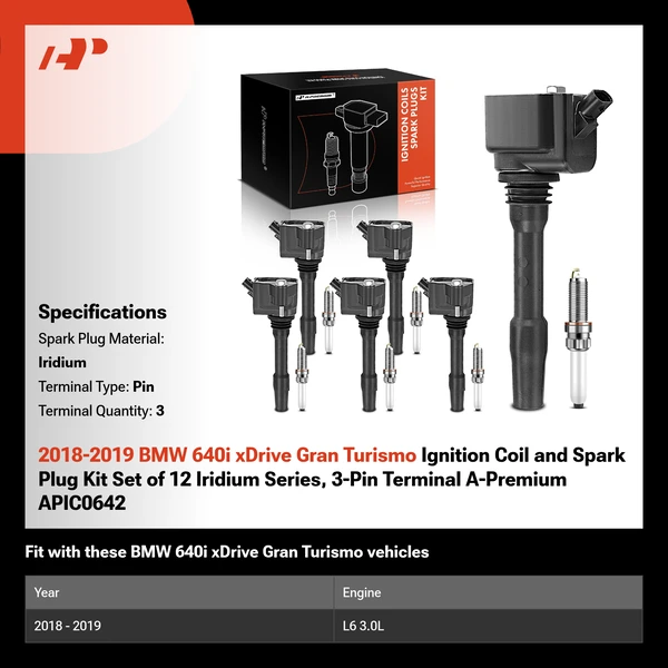 2018-2019 BMW 640i xDrive Gran Turismo Ignition Coil and Spark Plug Kit Set of 12 Iridium Series, 3-Pin Terminal A-Premium APIC0642