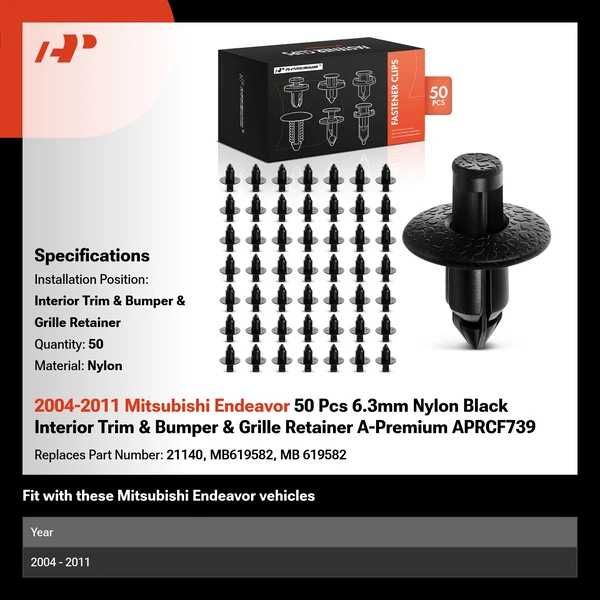 2004-2011 Mitsubishi Endeavor 50 Pcs 6.3mm Nylon Black Interior Trim & Bumper & Grille Retainer A-Premium APRCF739