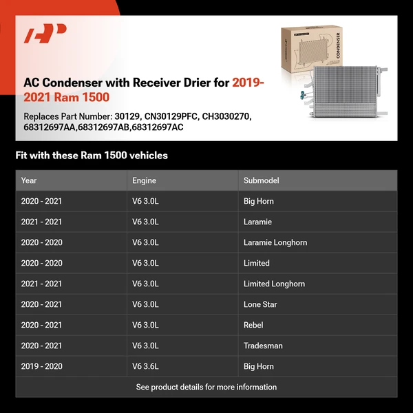 AC Condenser with Receiver Drier for 2019-2021 Ram 1500