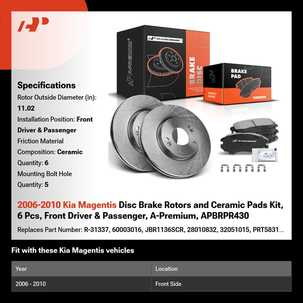 2006-2010 Kia Magentis Disc Brake Rotors and Ceramic Pads Kit, 6 Pcs, Front Driver & Passenger, A-Premium, APBRPR430