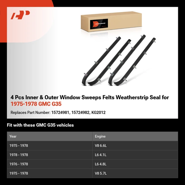 4 Pcs Inner & Outer Window Sweeps Felts Weatherstrip Seal for 1975-1978 GMC G35