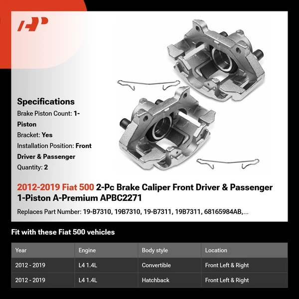 2012-2019 Fiat 500 2-Pc Brake Caliper Front Driver & Passenger 1-Piston A-Premium APBC2271