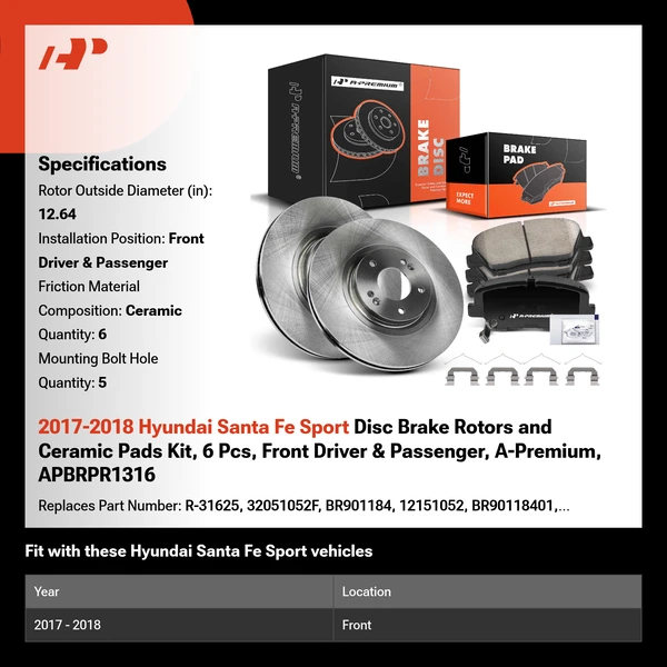 2017-2018 Hyundai Santa Fe Sport Disc Brake Rotors and Ceramic Pads Kit, 6 Pcs, Front Driver & Passenger, A-Premium, APBRPR1316
