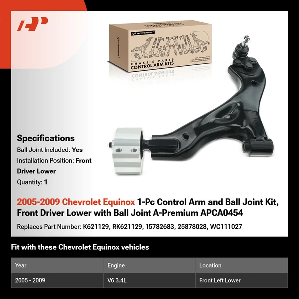 2005-2009 Chevrolet Equinox 1-Pc Control Arm and Ball Joint Kit, Front Driver Lower with Ball Joint A-Premium APCA0454