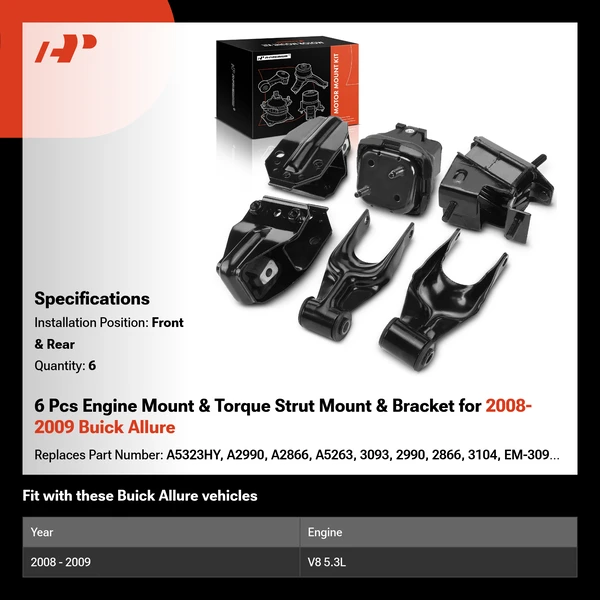 6 Pcs Engine Mount & Torque Strut Mount & Bracket for 2008-2009 Buick Allure