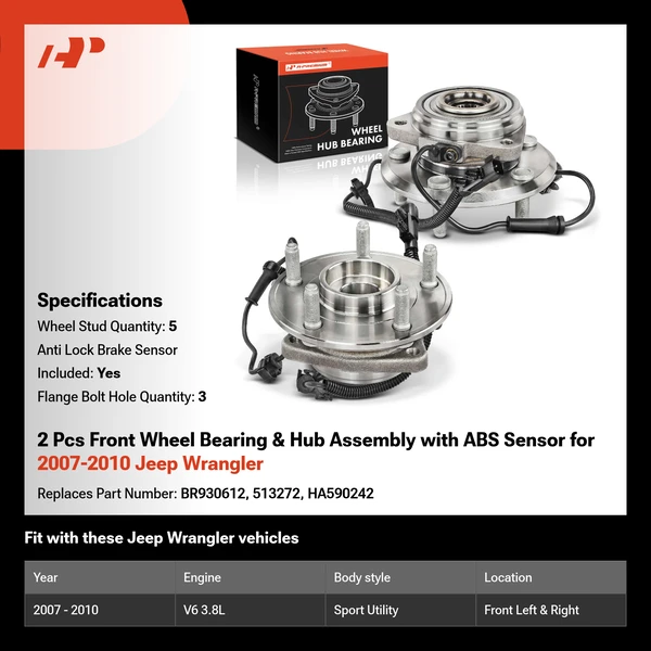 2 Pcs Front Wheel Bearing & Hub Assembly with ABS Sensor for 2007-2010 Jeep Wrangler