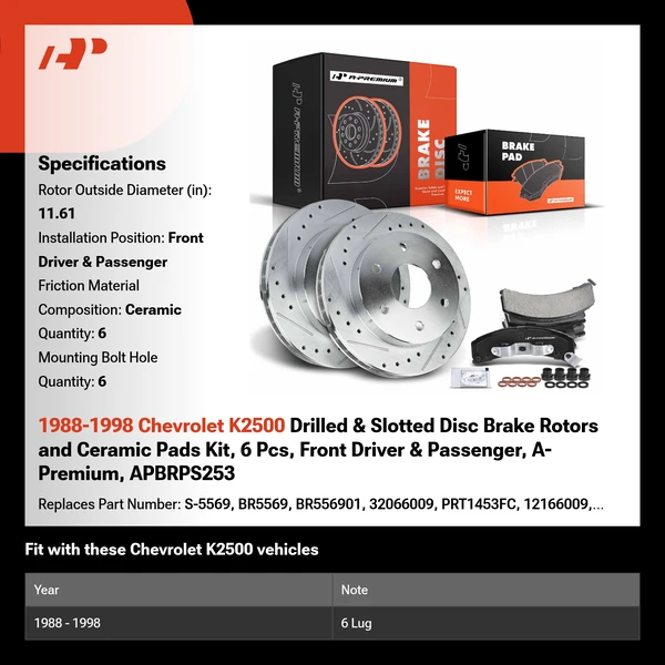 1988-1998 Chevrolet K2500 Drilled & Slotted Disc Brake Rotors and Ceramic Pads Kit, 6 Pcs, Front Driver & Passenger, A-Premium, APBRPS253