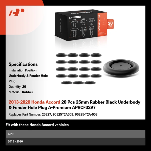 2013-2020 Honda Accord 20 Pcs 25mm Rubber Black Underbody & Fender Hole Plug A-Premium APRCF3297